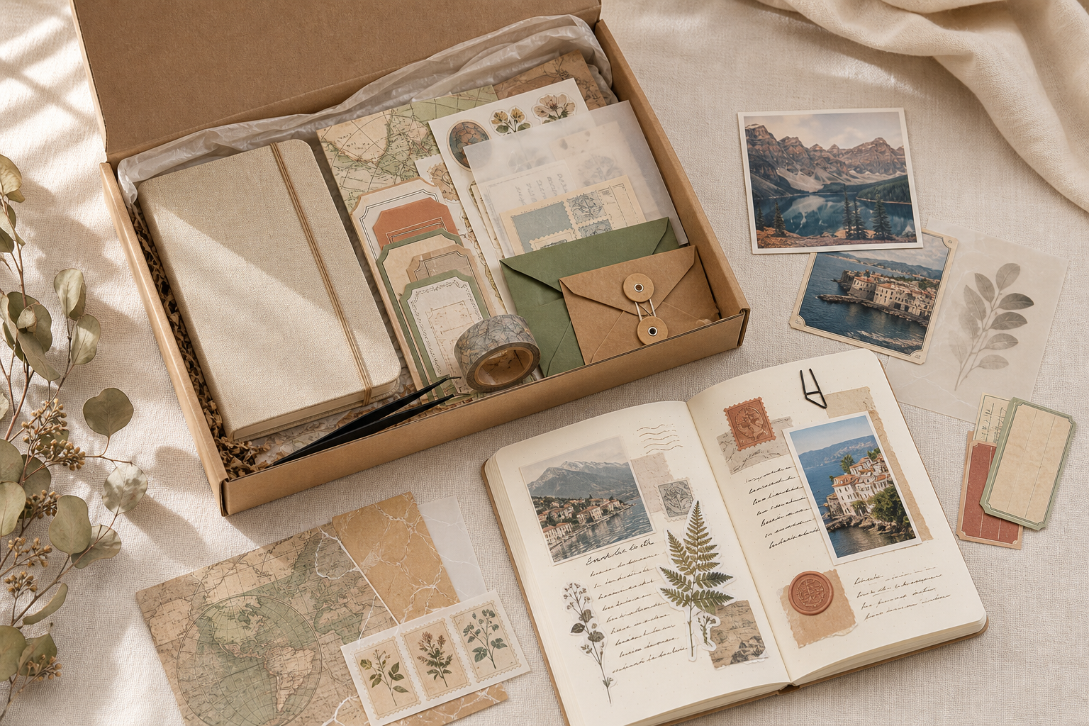 Travel memory journal starter kit with an A6 notebook, collage papers, stickers, washi tape, cards and envelopes